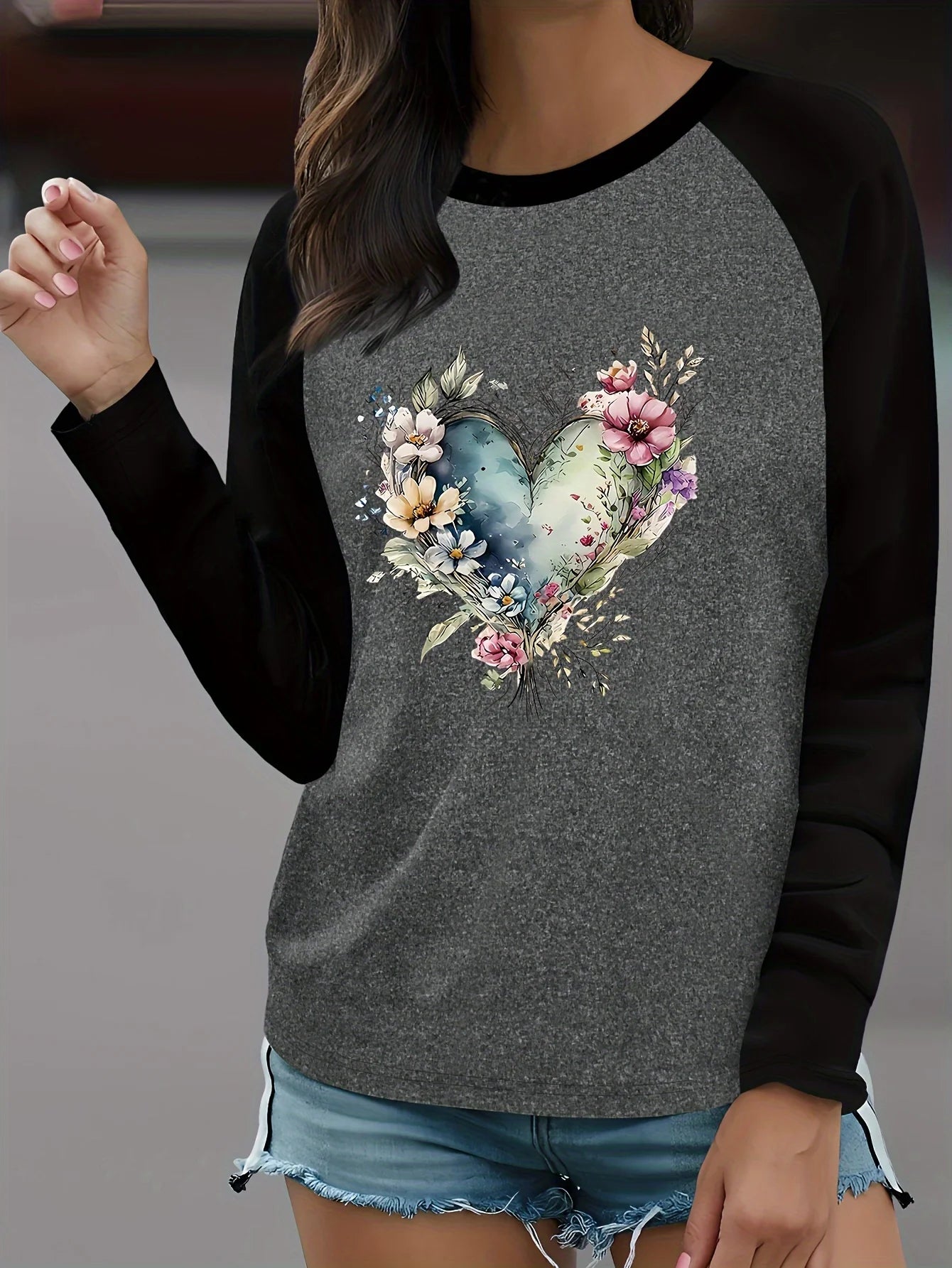 Floral Heart Raglan Long Sleeve Tee — Cottagecore Coquette Casual - BaeSprout.com