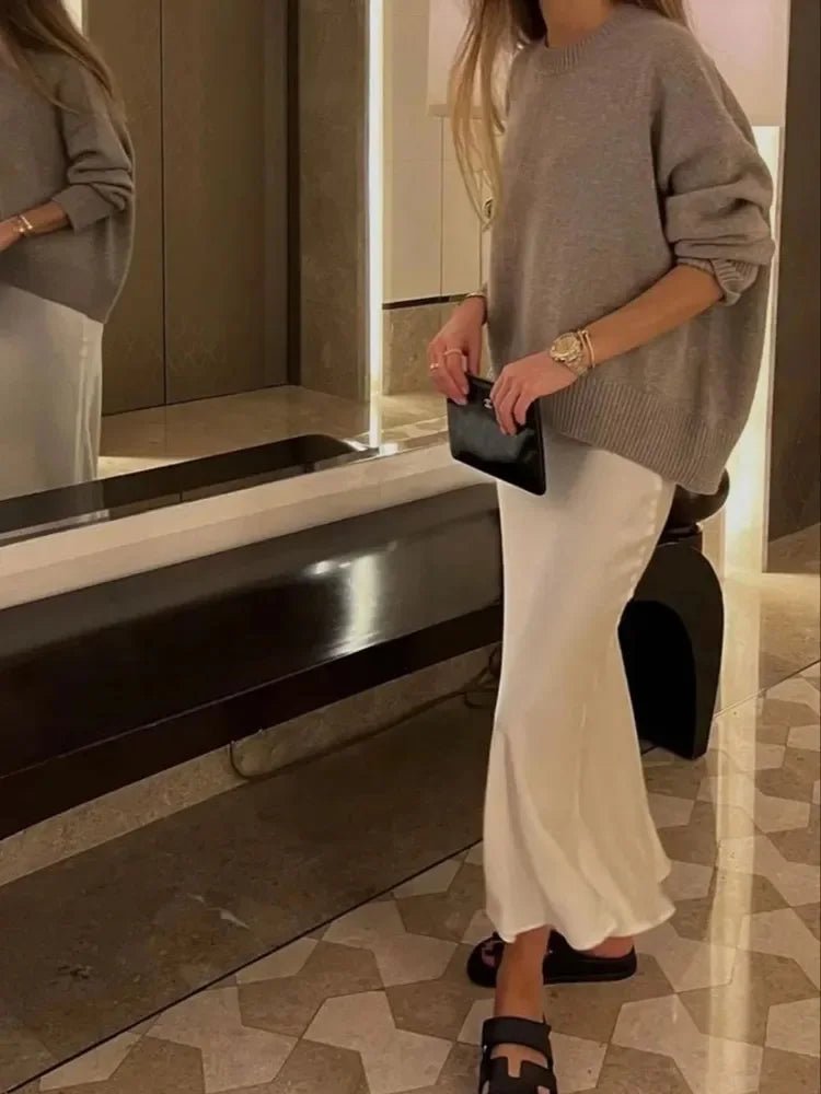 Satin Midi Skirt High Waist Flowy A - Line — Quiet Luxury Old Money Chic - BaeSprout.com
