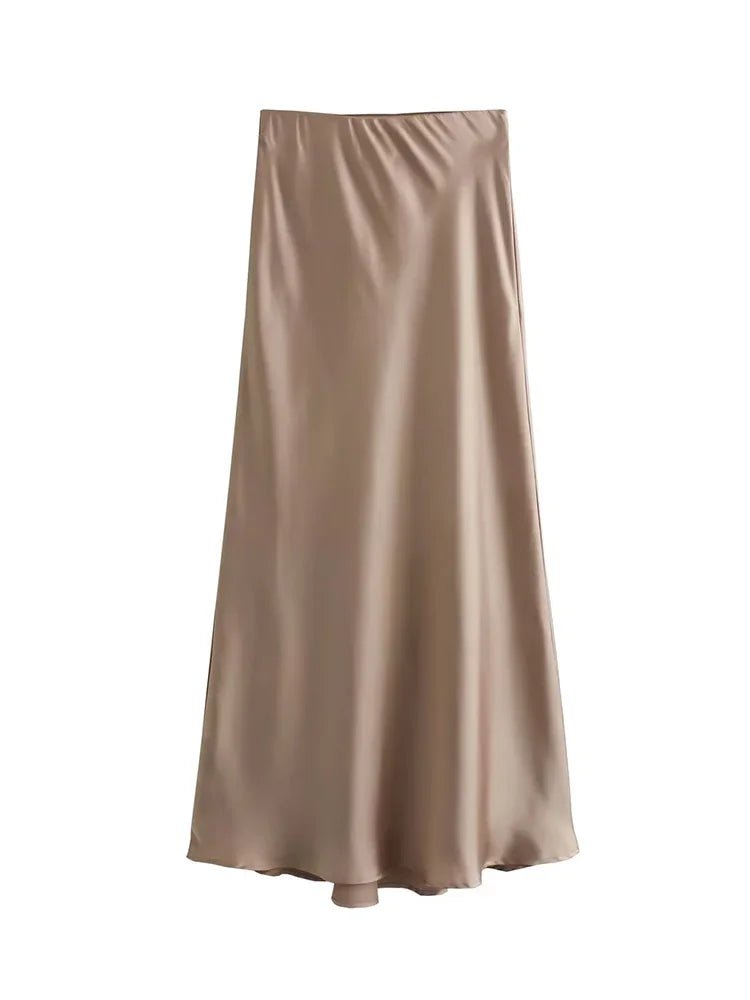 Satin Midi Skirt High Waist Flowy A - Line — Quiet Luxury Old Money Chic - BaeSprout.com