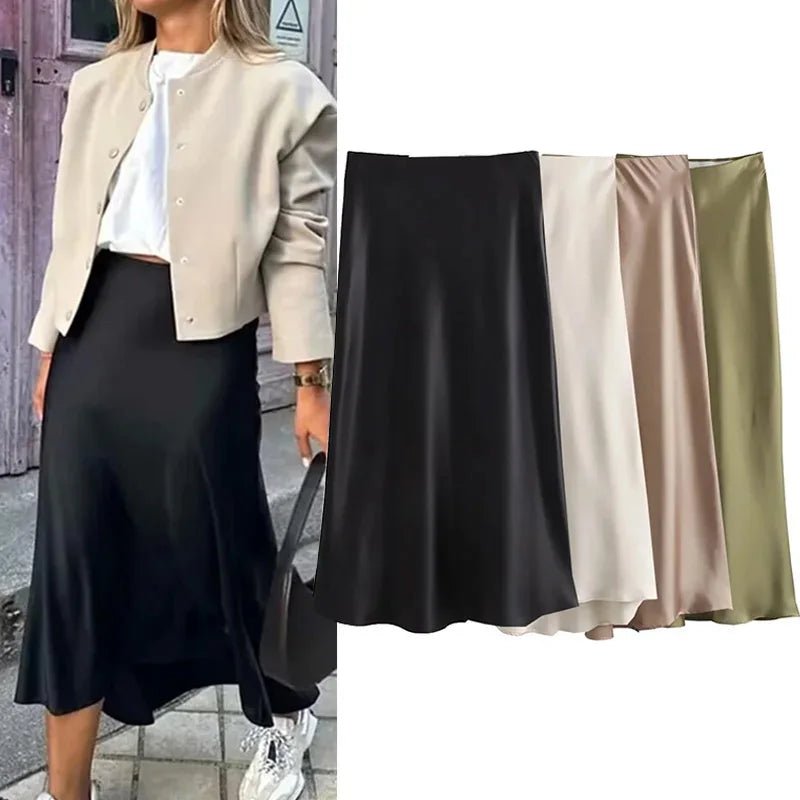 Satin Midi Skirt High Waist Flowy A - Line — Quiet Luxury Old Money Chic - BaeSprout.com