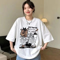 Cat Graphic Oversized Tee with Slogan Print — Y2K Indie Casual - BaeSprout.com