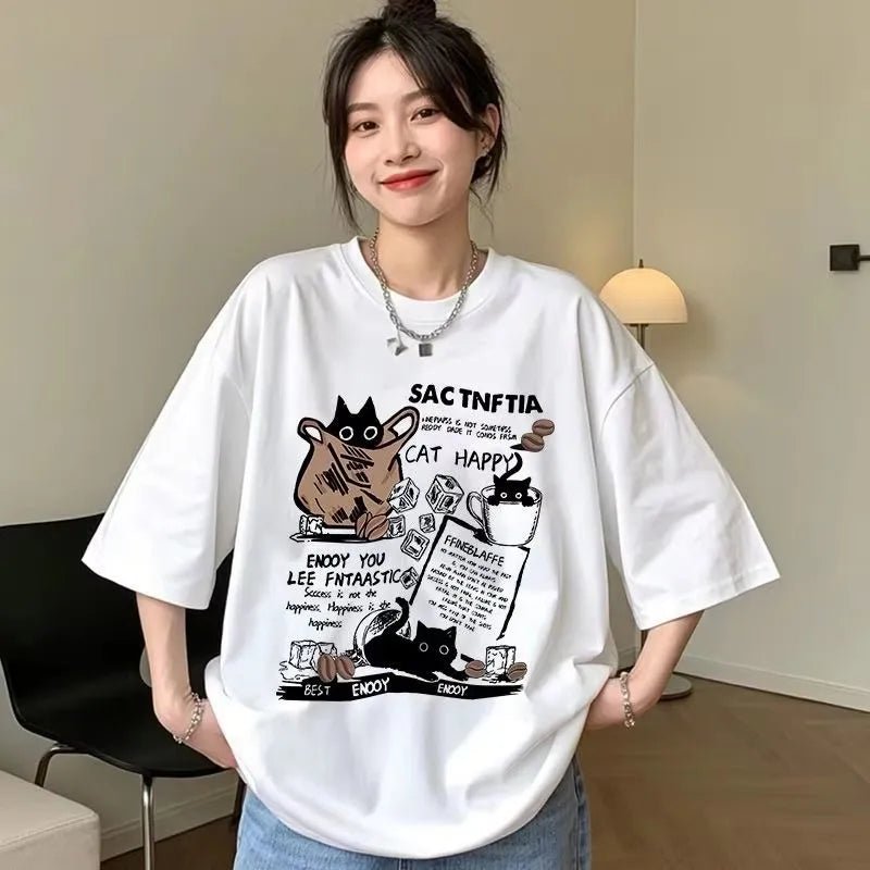 Cat Graphic Oversized Tee with Slogan Print — Y2K Indie Casual - BaeSprout.com