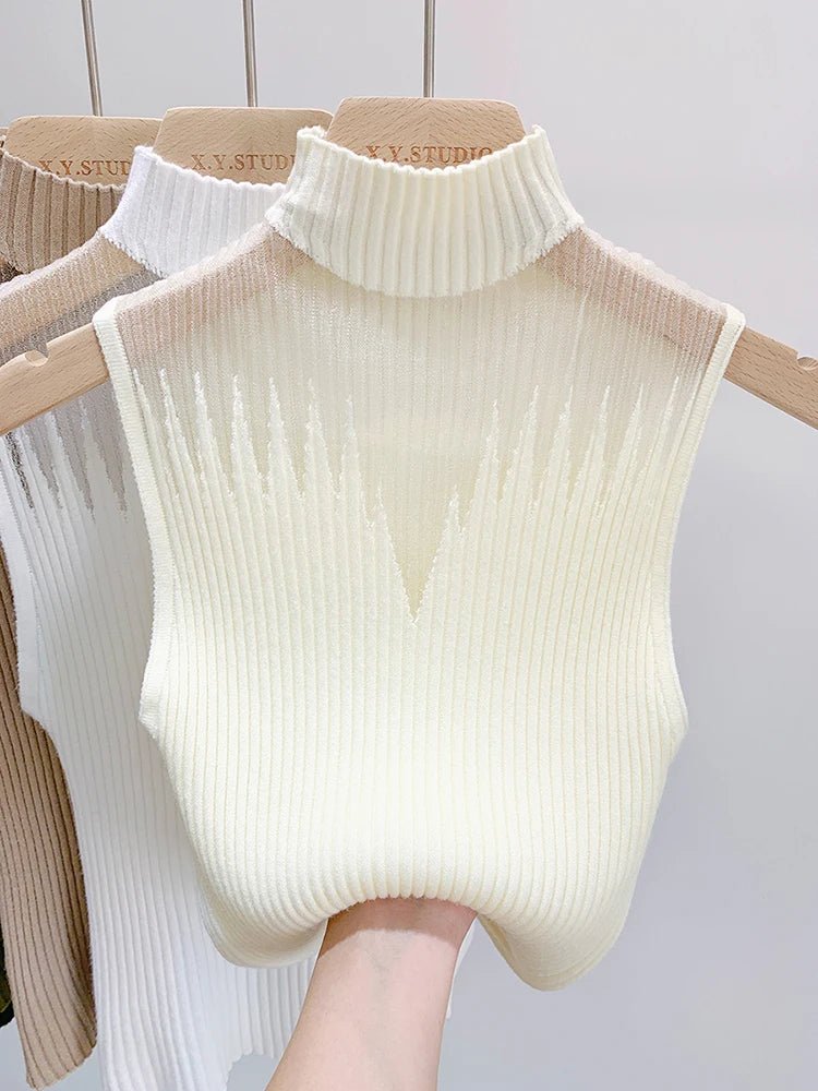 Ribbed Turtleneck Knit Vest Sheer Cut - Out — Y2K Coquette Streetwear - BaeSprout.com