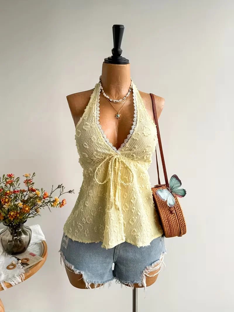Lace Trim Halter Top Tie - Back Textured — Coquette Beach & Festival - BaeSprout.com