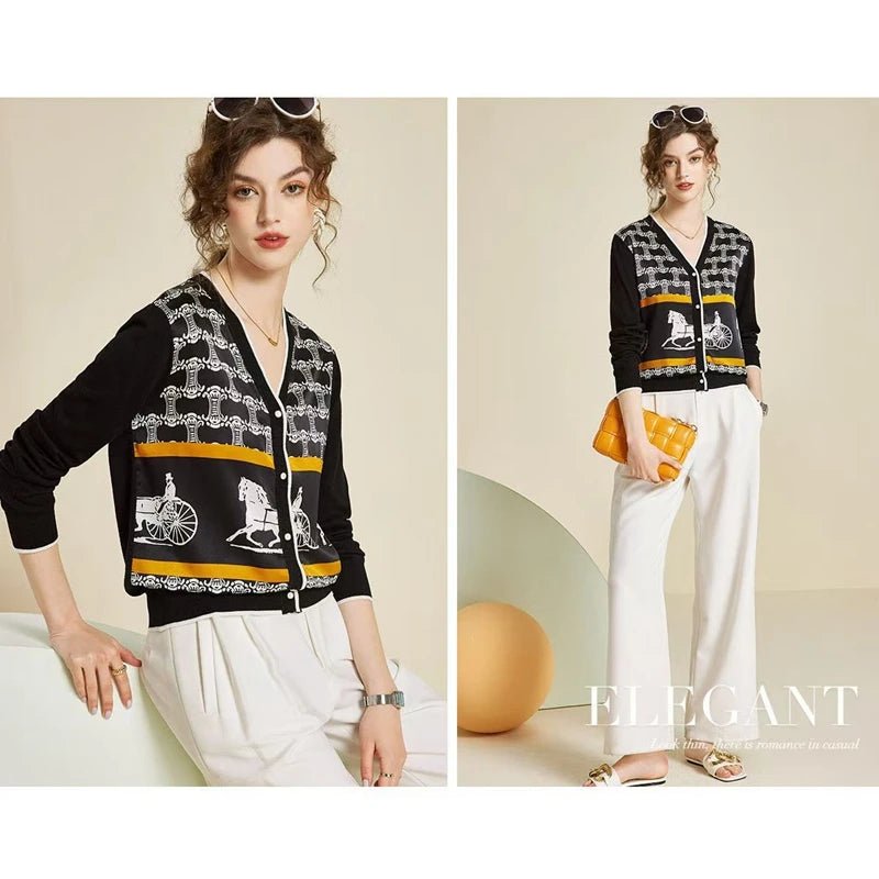 Equestrian Print Knit Cardigan V - Neck Button — Old Money Quiet Luxury - BaeSprout.com