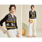 Equestrian Print Knit Cardigan V - Neck Button — Old Money Quiet Luxury - BaeSprout.com