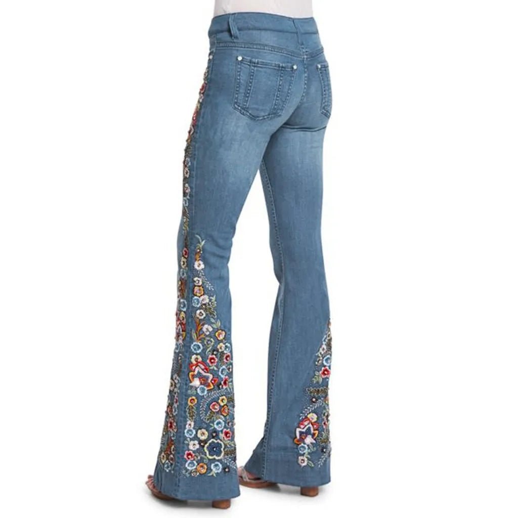 Floral Embroidered Denim Flare Jeans - Retro Boho - BaeSprout.com