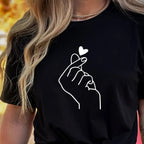 Finger Heart Graphic Tee Crew Neck Short Sleeve — K - Pop Indie Casual - BaeSprout.com