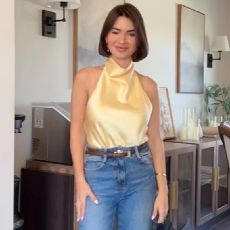 Satin Cowl Neck Halter Top with Backless Cut — Quiet Luxury Night Out - BaeSprout.com