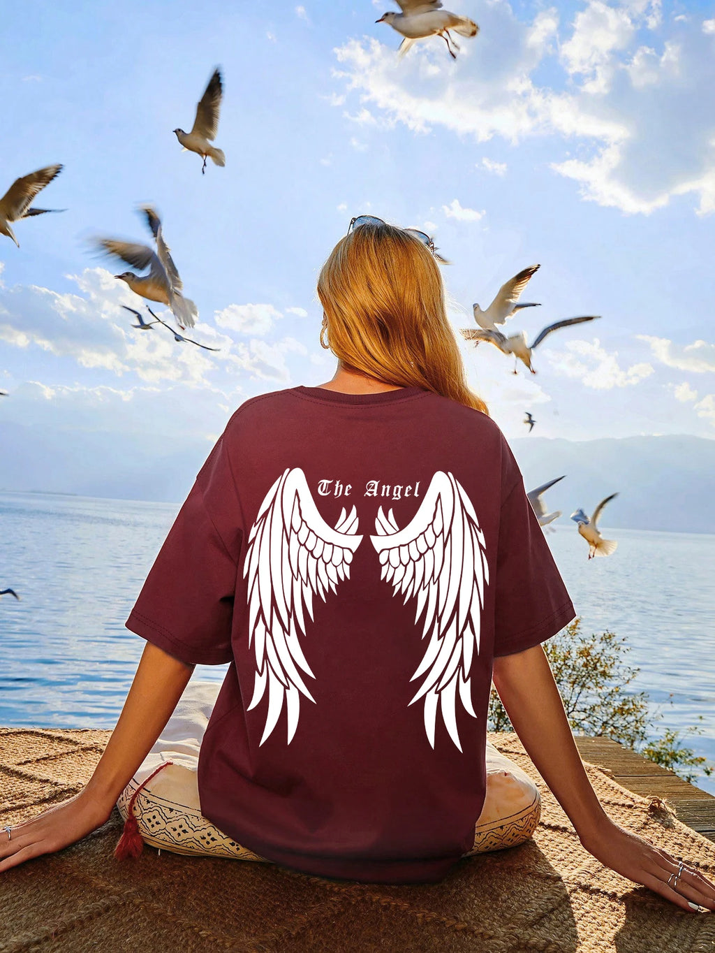 Angel Wings Back Graphic Oversized Tee with Short Sleeves — Y2K Grunge - BaeSprout.com