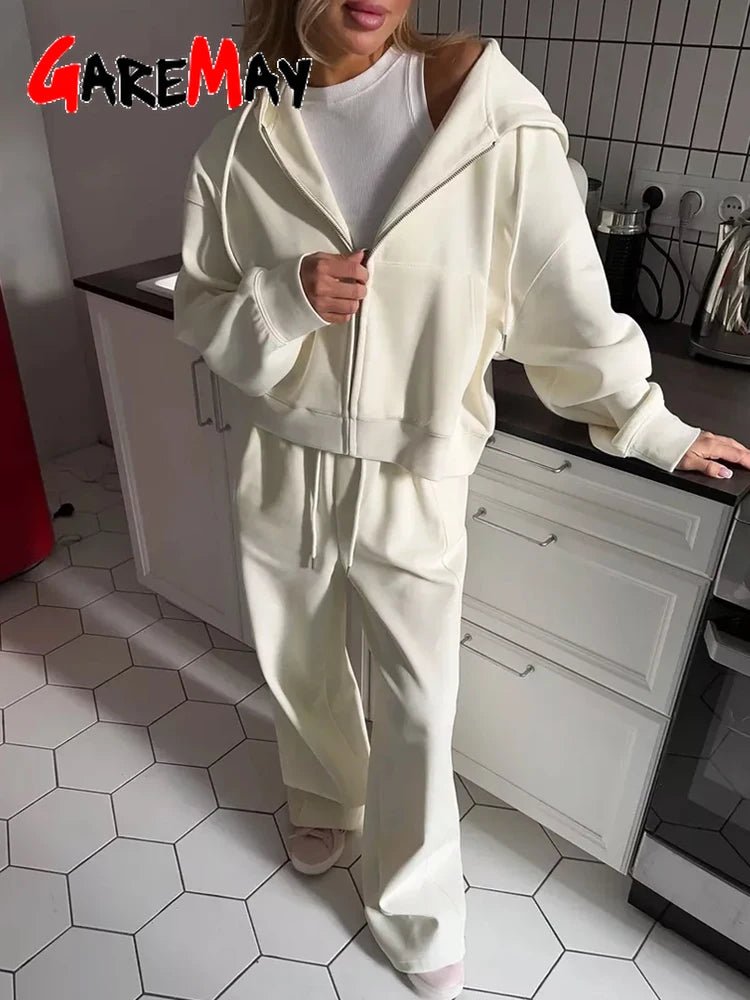 Zip - Up Hoodie Wide Leg Sweatpants Set Two Piece — Y2K Clean Girl Loungewear - BaeSprout.com