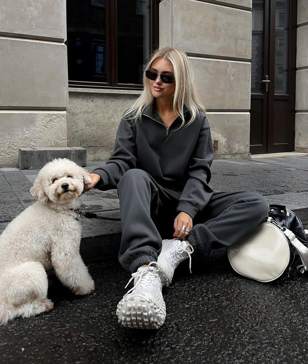Crop Half - Zip Sweatsuit Set Two Piece Oversized — Clean Girl Loungewear - BaeSprout.com
