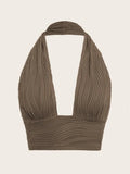 Textured Halter Crop Top Deep V - Neck Backless — Y2K Club Night Out - BaeSprout.com
