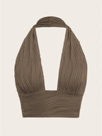 Textured Halter Crop Top Deep V - Neck Backless — Y2K Club Night Out - BaeSprout.com