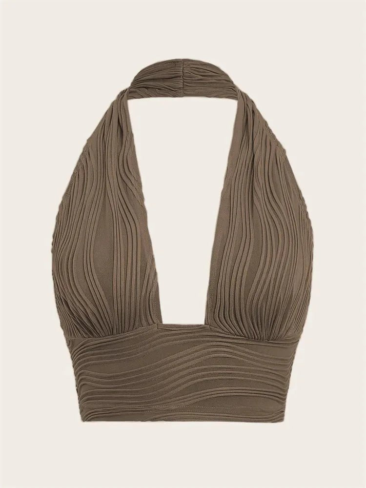 Textured Halter Crop Top Deep V - Neck Backless — Y2K Club Night Out - BaeSprout.com