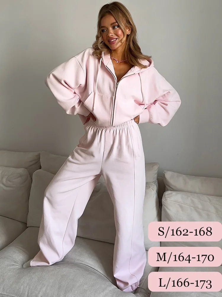 Zip - Up Hoodie Wide Leg Sweatpants Set Two Piece — Y2K Clean Girl Loungewear - BaeSprout.com