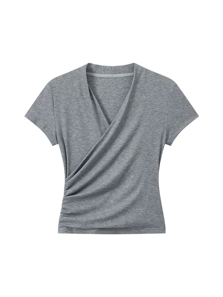 Crossover V - Neck Ruched Crop Top with Short Sleeves — Korean Casual - BaeSprout.com