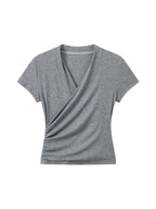 Crossover V - Neck Ruched Crop Top with Short Sleeves — Korean Casual - BaeSprout.com