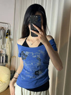 Floral Graphic Halter Tie Tee with Off - Shoulder Cut — Y2K Vintage - BaeSprout.com