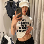 Slogan Print Fitted Crop Tee with Short Sleeves — Y2K Harajuku - BaeSprout.com
