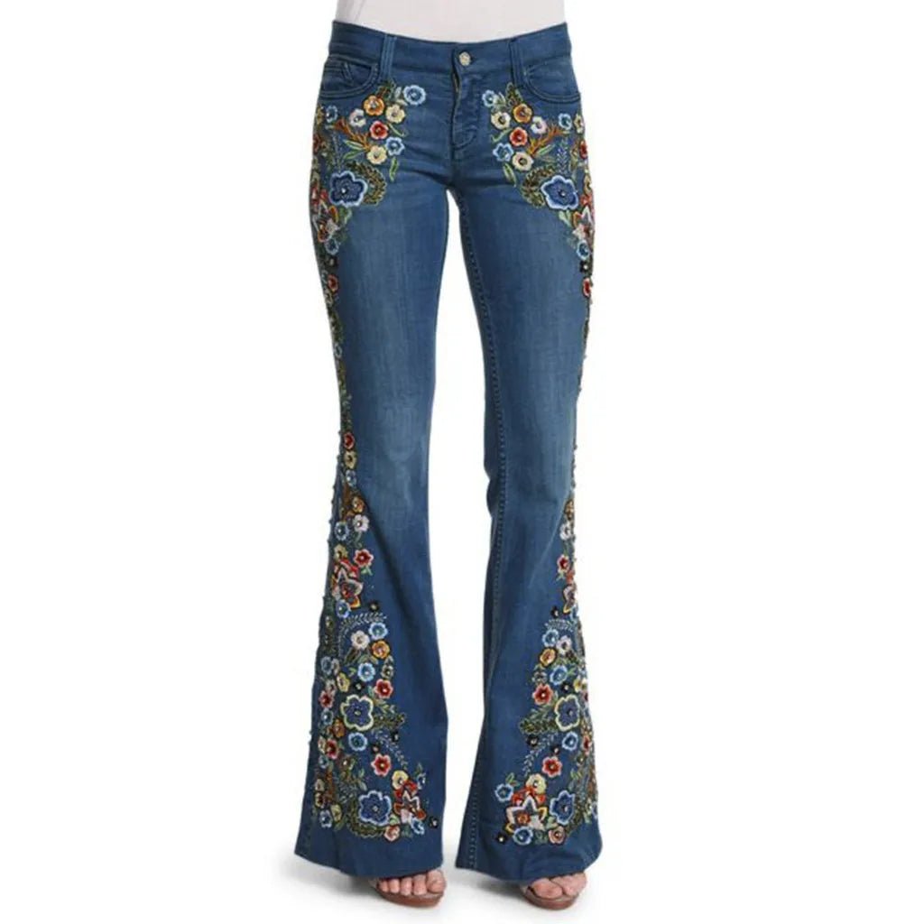 Floral Embroidered Denim Flare Jeans - Retro Boho - BaeSprout.com