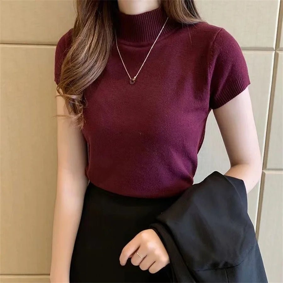 Knit Turtleneck Short Sleeve Top with Slim Fit — Korean Quiet Luxury - BaeSprout.com