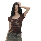 Letter Print Baby Tee Scoop Neck Fitted — Y2K Indie Alt Grunge - BaeSprout.com