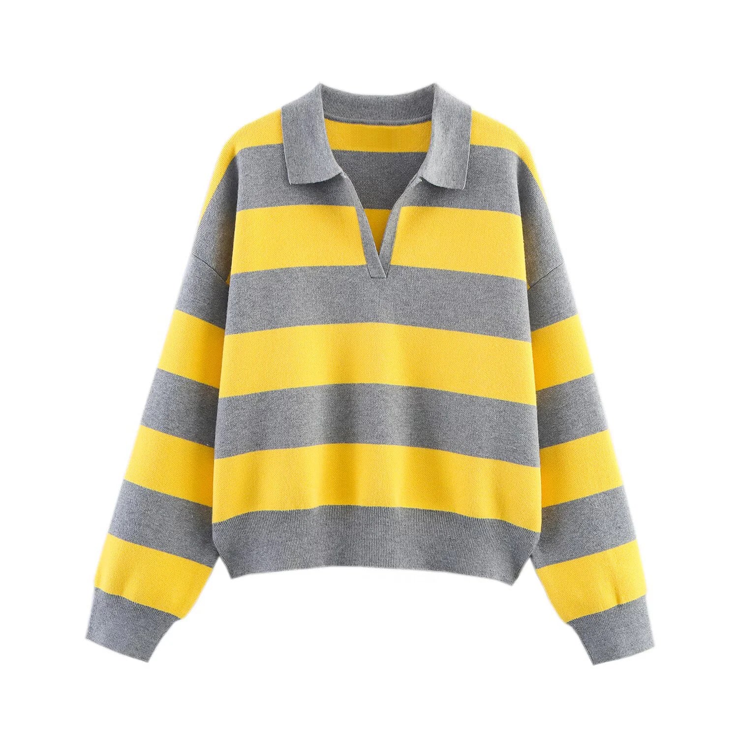 Striped Polo Collar Knit Sweater with Loose Fit — Preppy Y2K - BaeSprout.com