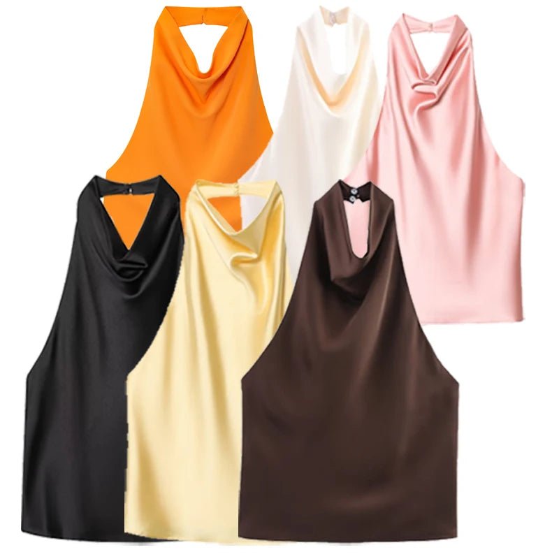 Satin Cowl Neck Halter Top with Backless Cut — Quiet Luxury Night Out - BaeSprout.com