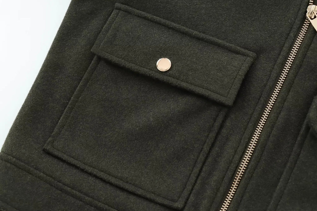 Cropped Zip - Up Jacket Collared Patch Pocket — Quiet Luxury Old Money - BaeSprout.com