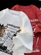 Cat Graphic Oversized Tee with Slogan Print — Y2K Indie Casual - BaeSprout.com