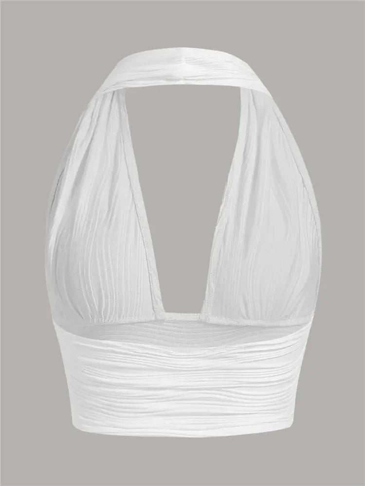 Textured Halter Crop Top Deep V - Neck Backless — Y2K Club Night Out - BaeSprout.com
