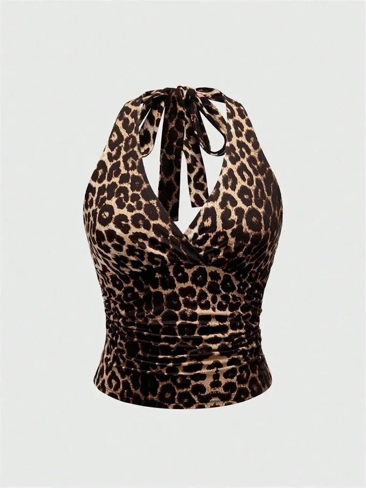 V - Neck Halter Crop Top Ruched Tie - Back Backless — Y2K Baddie Night Out - BaeSprout.com