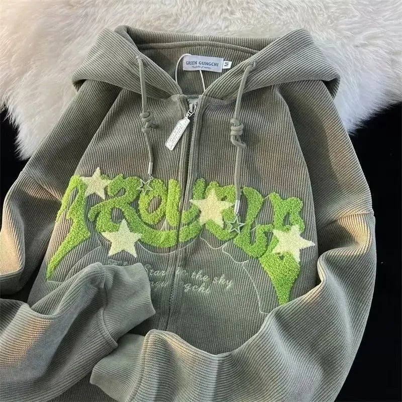 Chenille Embroidered Zip - Up Hoodie with Star Detail — Y2K Harajuku - BaeSprout.com