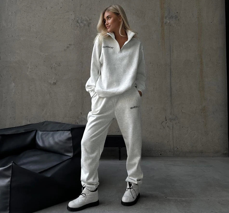 Crop Half - Zip Sweatsuit Set Two Piece Oversized — Clean Girl Loungewear - BaeSprout.com