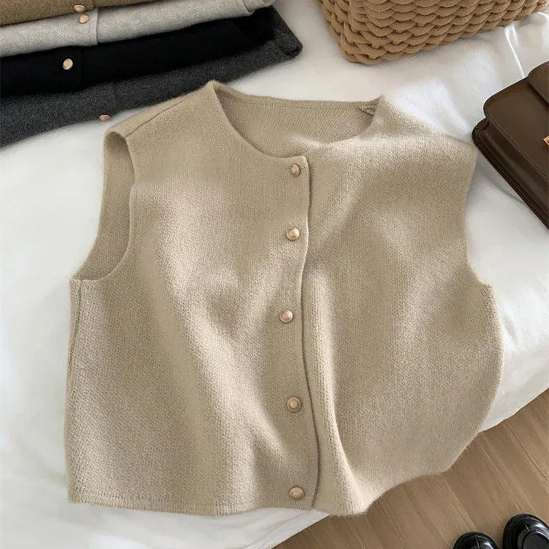 Knit Sweater Vest Gold Button Sleeveless Crop — Quiet Luxury Layering - BaeSprout.com