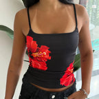Hibiscus Print Cami Top Spaghetti Strap Slim — Y2K Baddie & Streetwear - BaeSprout.com