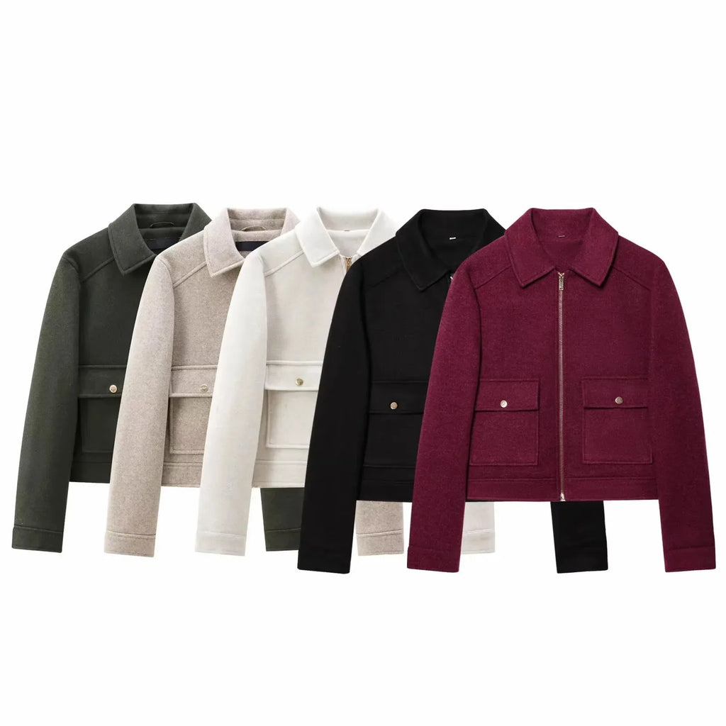 Cropped Zip - Up Jacket Collared Patch Pocket — Quiet Luxury Old Money - BaeSprout.com