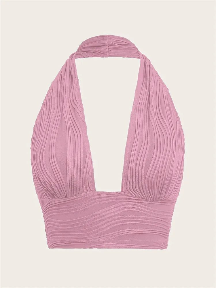 Textured Halter Crop Top Deep V - Neck Backless — Y2K Club Night Out - BaeSprout.com