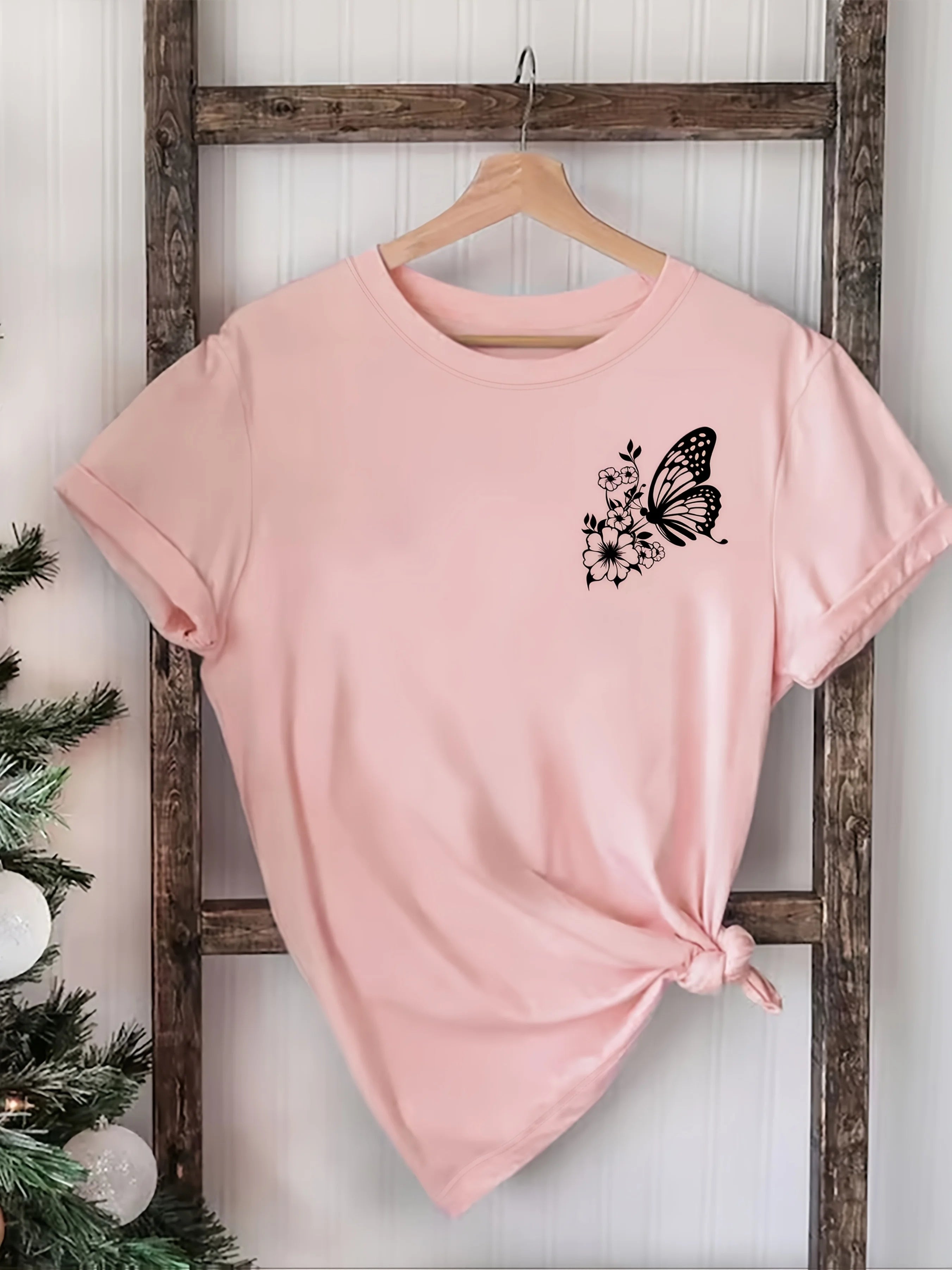 Butterfly Floral Print Tee with Short Sleeves — Cottagecore Casual - BaeSprout.com