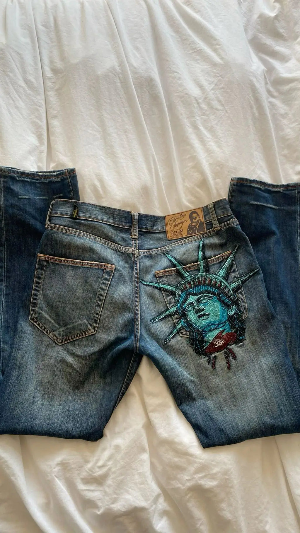 Statue of Liberty Rhinestone Jeans with Wide Leg — Y2K Harajuku - BaeSprout.com