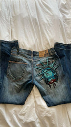 Statue of Liberty Rhinestone Jeans with Wide Leg — Y2K Harajuku - BaeSprout.com