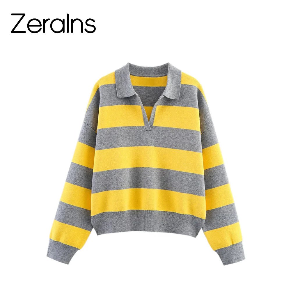 Striped Polo Collar Knit Sweater with Loose Fit — Preppy Y2K - BaeSprout.com