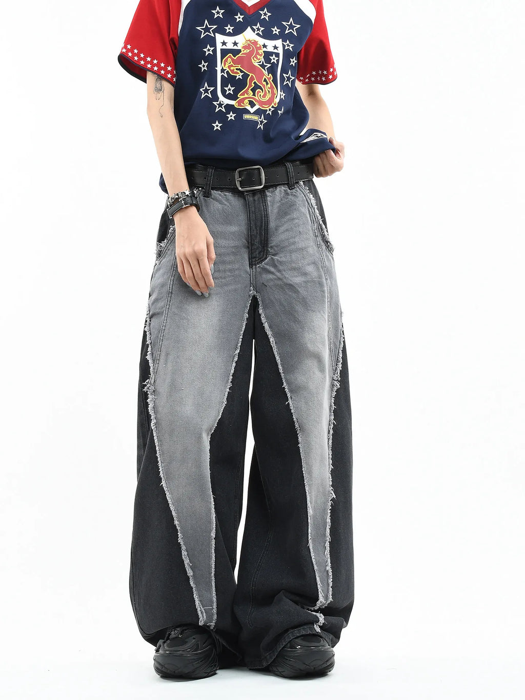 Color Block Patchwork Baggy Wide Leg Jeans - Y2K - BaeSprout.com