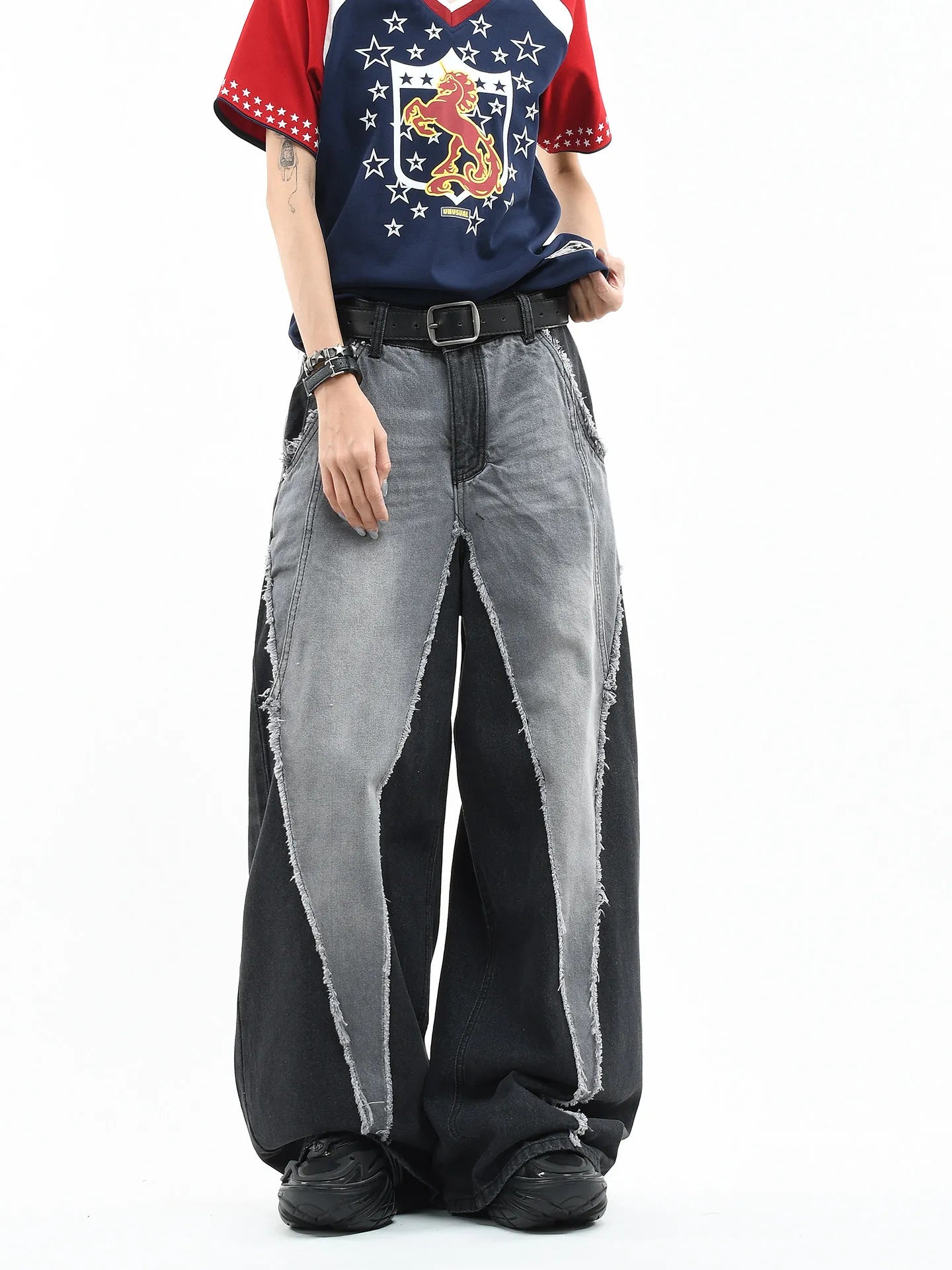 Color Block Patchwork Baggy Wide Leg Jeans - Y2K - BaeSprout.com