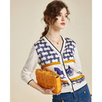 Equestrian Print Knit Cardigan V - Neck Button — Old Money Quiet Luxury - BaeSprout.com