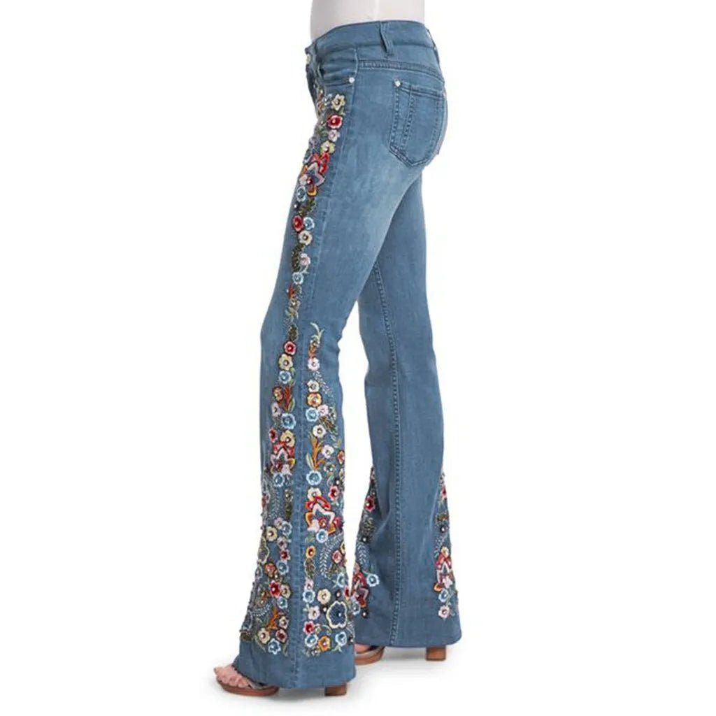 Floral Embroidered Denim Flare Jeans - Retro Boho - BaeSprout.com