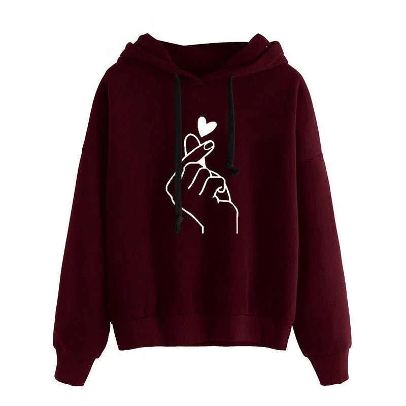 Finger Heart Graphic Hoodie Loose Fit Fleece — K - Pop Coquette Casual - BaeSprout.com