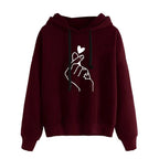 Finger Heart Graphic Hoodie Loose Fit Fleece — K - Pop Coquette Casual - BaeSprout.com