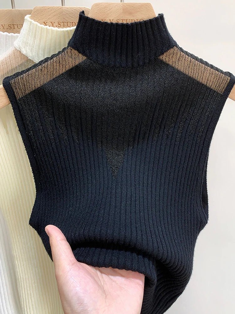 Ribbed Turtleneck Knit Vest Sheer Cut - Out — Y2K Coquette Streetwear - BaeSprout.com